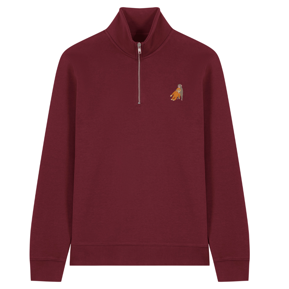 Heytoki Quarter-Zip-Hoodie in Burgunderrot mit gesticktem Affenmotiv
