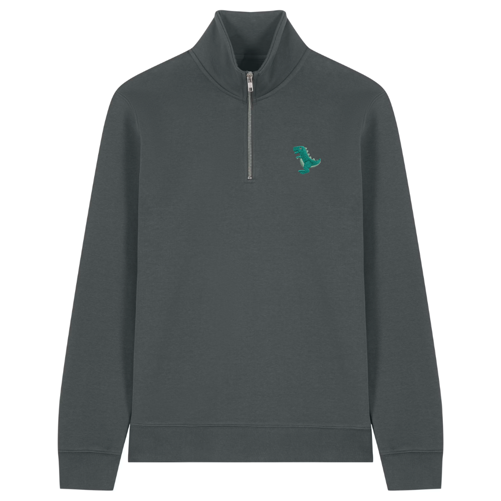 Heytoki Quarter-Zip-Hoodie in Anthrazit mit gesticktem Dinosauriermotiv
