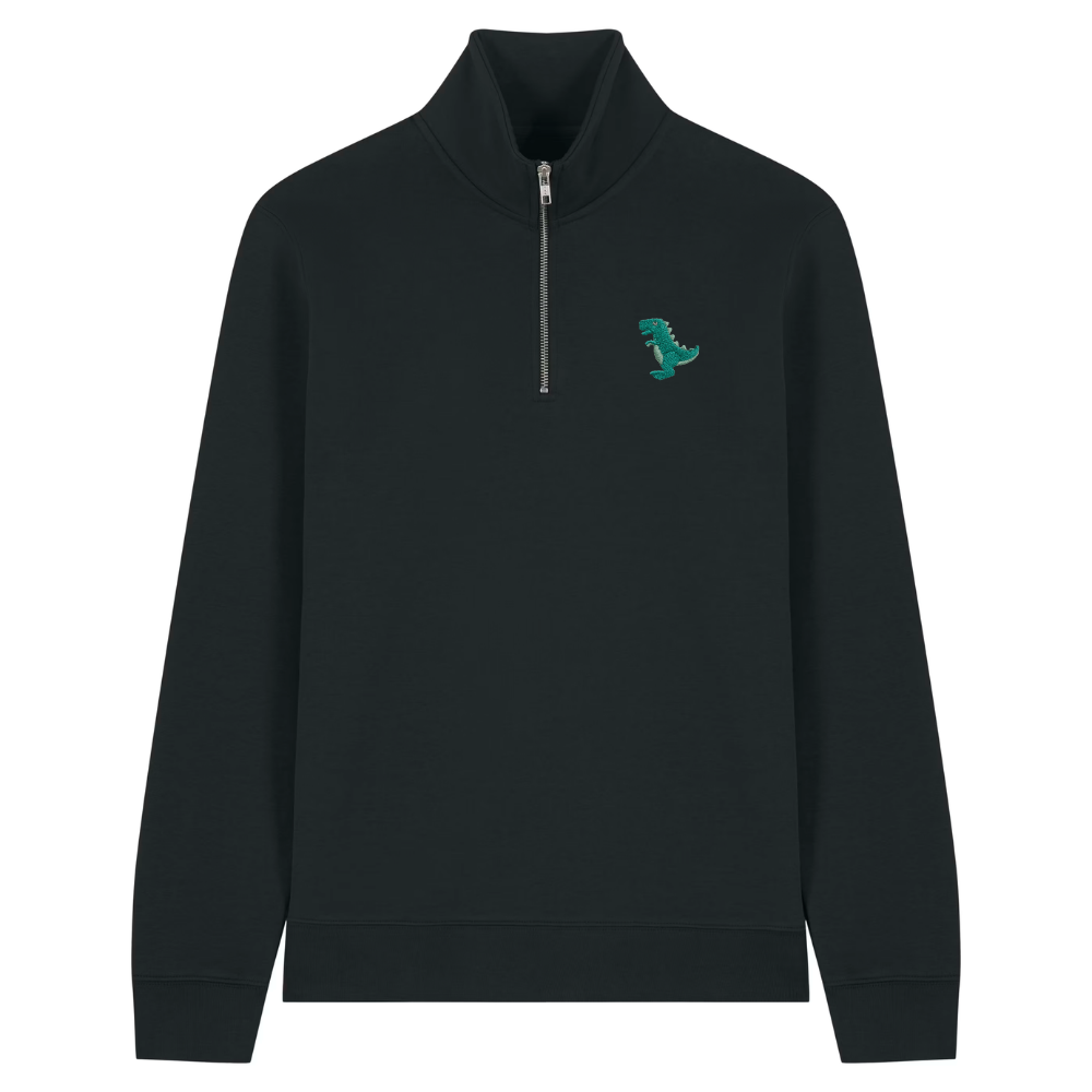 Heytoki Quarter-Zip-Hoodie in Schwarz mit gesticktem Dinosauriermotiv

