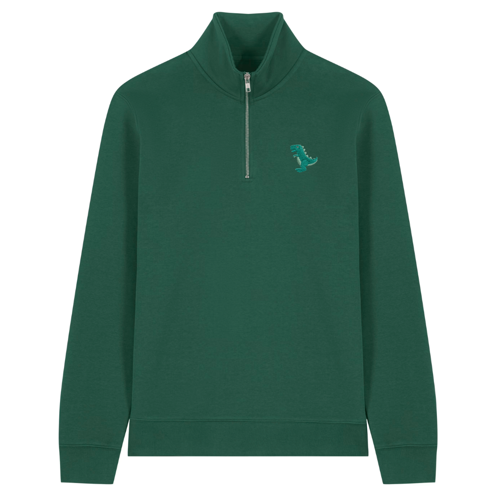 Heytoki Quarter-Zip-Hoodie in Bottle Green mit gesticktem Dinosauriermotiv
