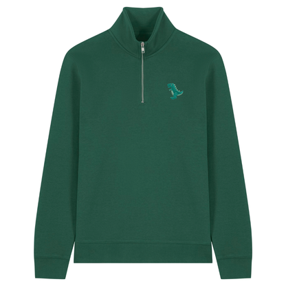 Heytoki Quarter-Zip-Hoodie in Bottle Green mit gesticktem Dinosauriermotiv
