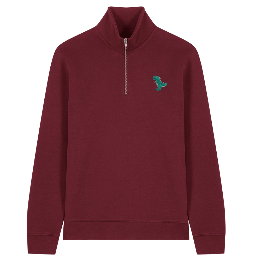 Heytoki Quarter-Zip-Hoodie in Burgunderrot mit gesticktem Dinosauriermotiv
