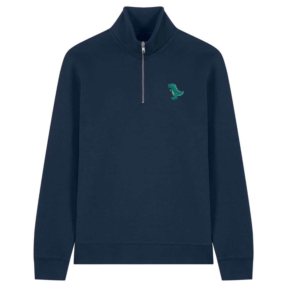 Heytoki Quarter-Zip-Hoodie in French Navy mit gesticktem Dinosauriermotiv
