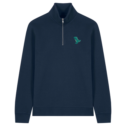 Heytoki Quarter-Zip-Hoodie in French Navy mit gesticktem Dinosauriermotiv
