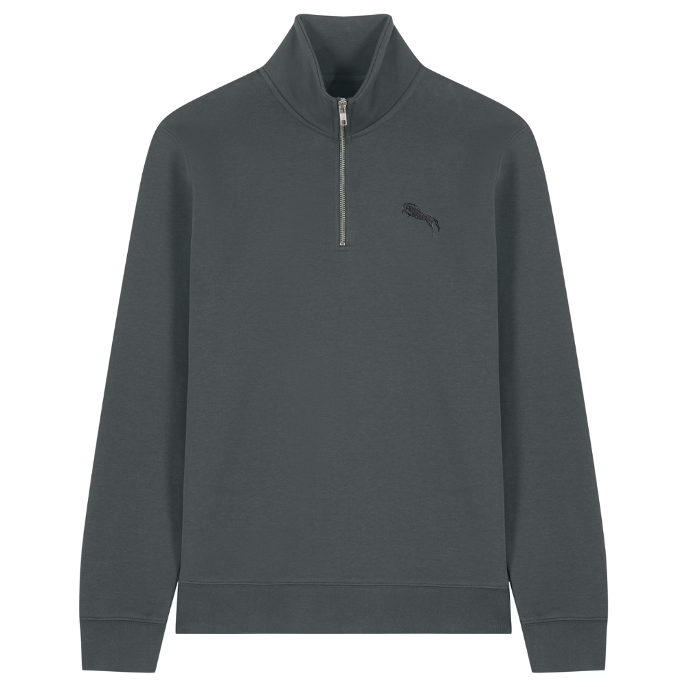 Heytoki Quarter-Zip-Hoodie in Anthrazit mit gesticktem Pferdemotiv
