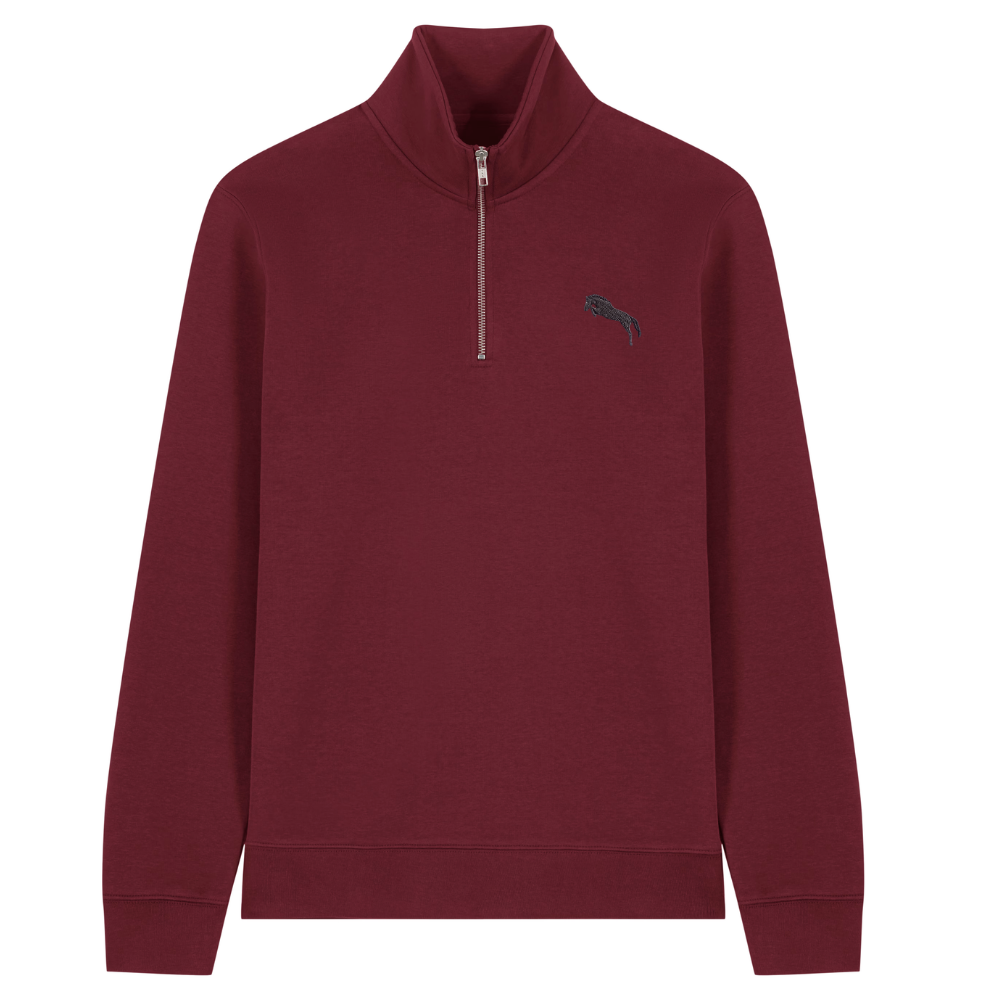 Heytoki Quarter-Zip-Hoodie in Burgunderrot mit gesticktem Pferdemotiv
