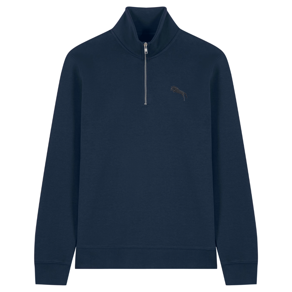 Heytoki Quarter-Zip-Hoodie in French Navy mit gesticktem Pferdemotiv
