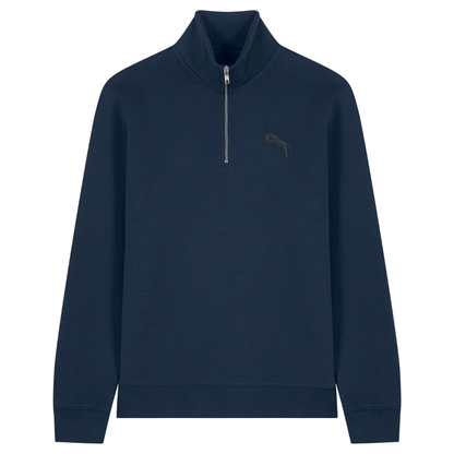 Heytoki Quarter-Zip-Hoodie in French Navy mit gesticktem Pferdemotiv
