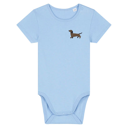 Dackel Baby Body aus Bio-Baumwolle in Blau von Heytoki