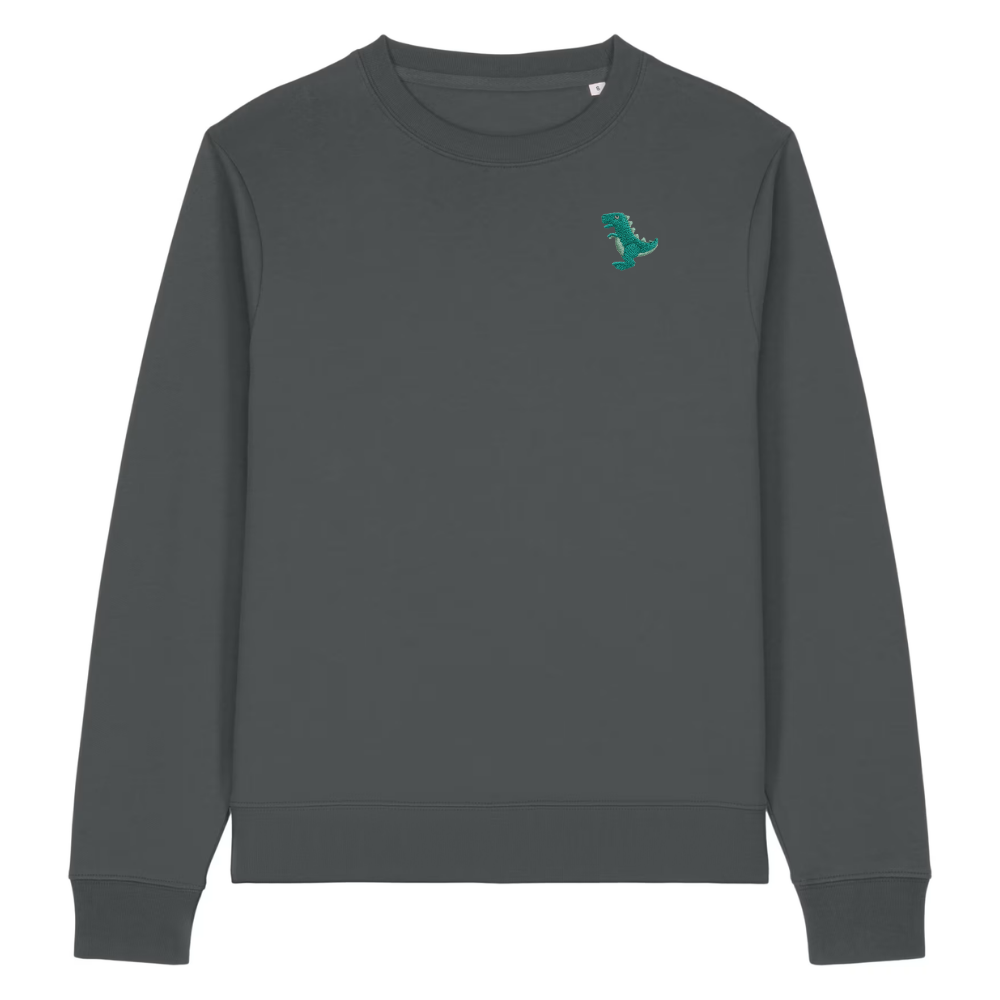 Heytoki Damen-Sweater in Anthrazit mit gesticktem Dinosaurier-Motiv
