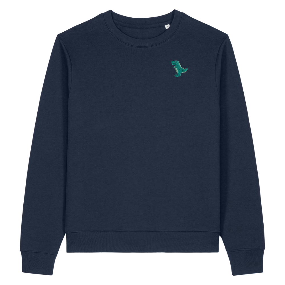 Heytoki Damen-Sweater in French Navy (Dunkelblau) mit gesticktem Dinosaurier-Motiv
