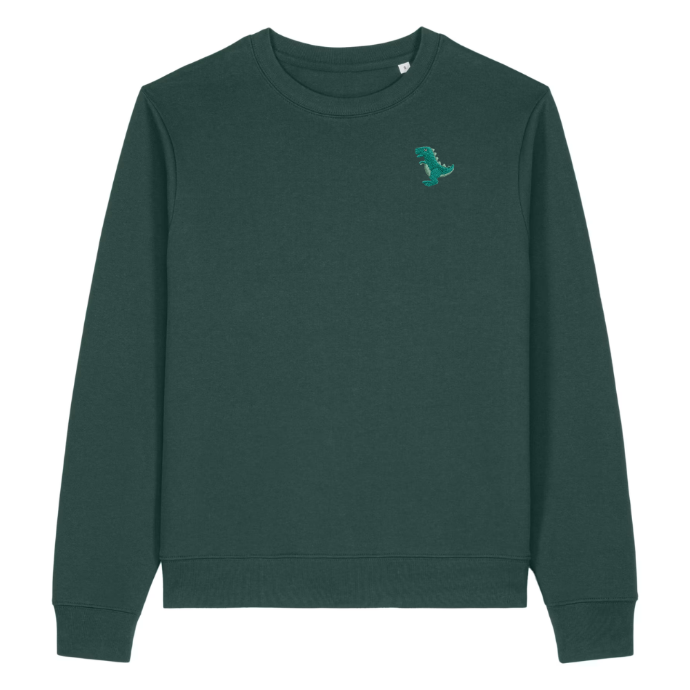 Heytoki Damen-Sweater in Glazed Green (Dunkelgrün) mit gesticktem Dinosaurier-Motiv
