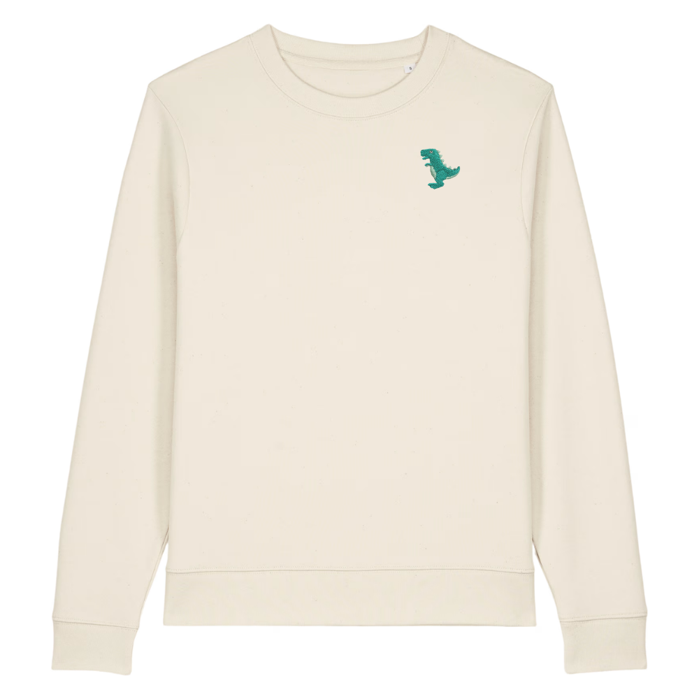 Heytoki Damen-Sweater in Natural Raw (Naturweiß) mit gesticktem Dinosaurier-Motiv
