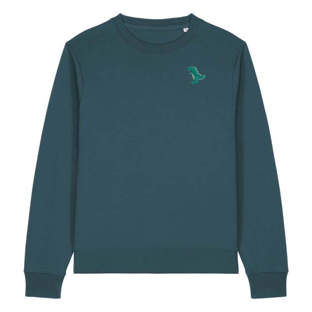 Heytoki Damen-Sweater in Stargazer (Petrolblau) mit gesticktem Dinosaurier-Motiv
