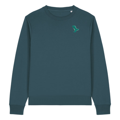 Heytoki Damen-Sweater in Stargazer (Petrolblau) mit gesticktem Dinosaurier-Motiv
