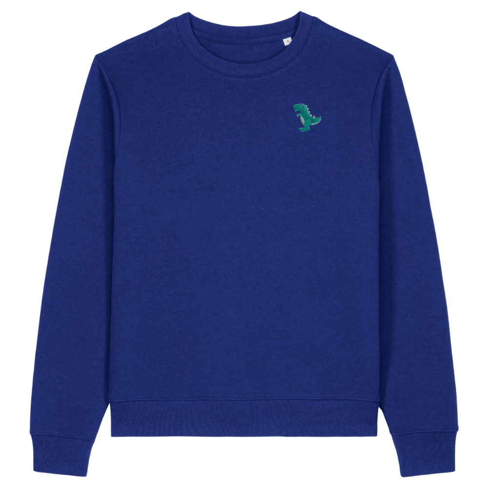 Heytoki Damen-Sweater in Worker Blue (Königsblau) mit gesticktem Dinosaurier-Motiv
