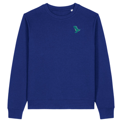 Heytoki Damen-Sweater in Worker Blue (Königsblau) mit gesticktem Dinosaurier-Motiv
