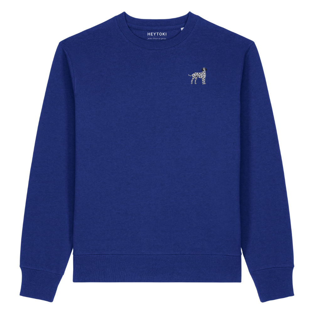 Heytoki Herren-Sweater in Worker Blue (Königsblau) mit gesticktem Dalmatinermotiv