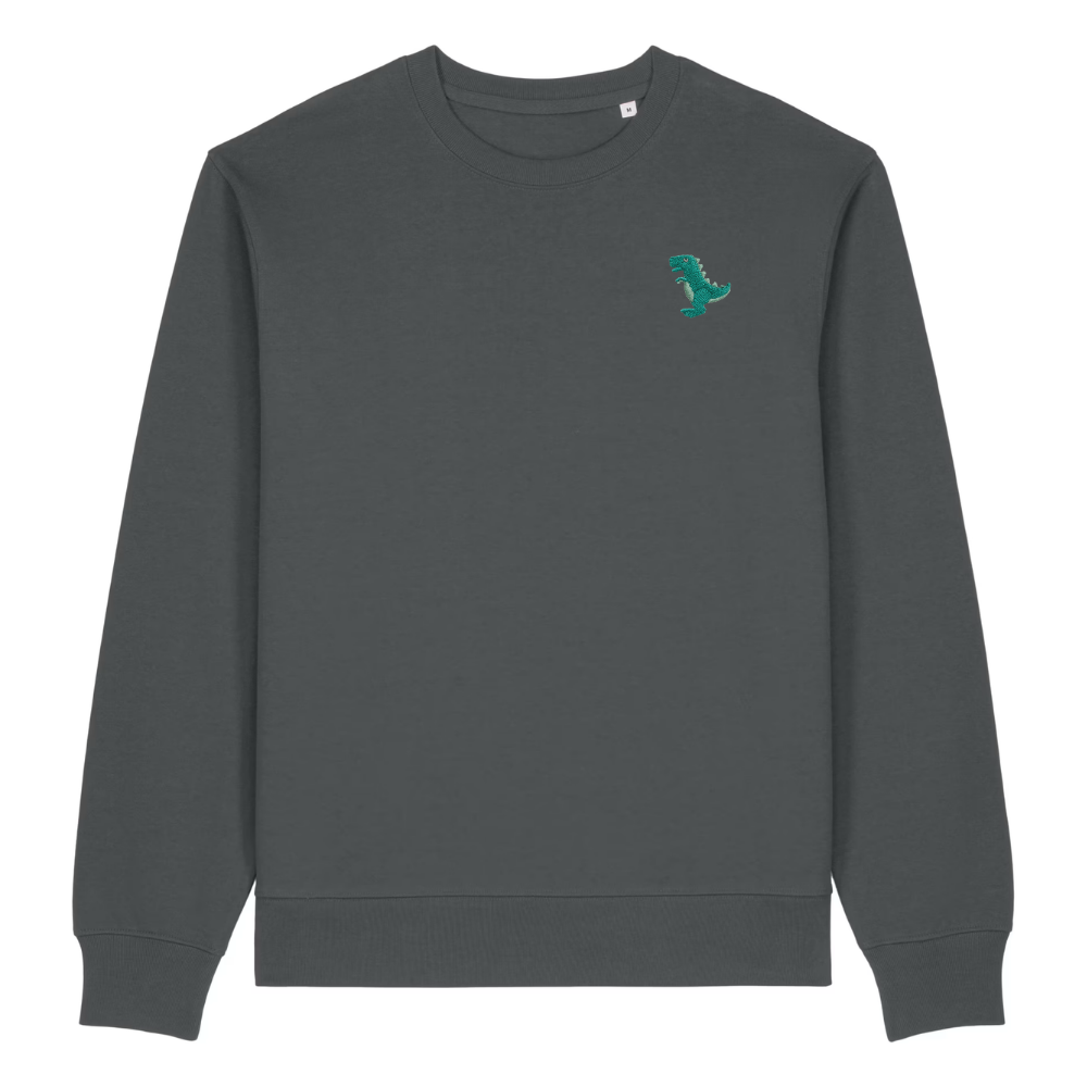 Heytoki Herren-Sweater in Anthrazit mit gesticktem Dinosaurier-Motiv
