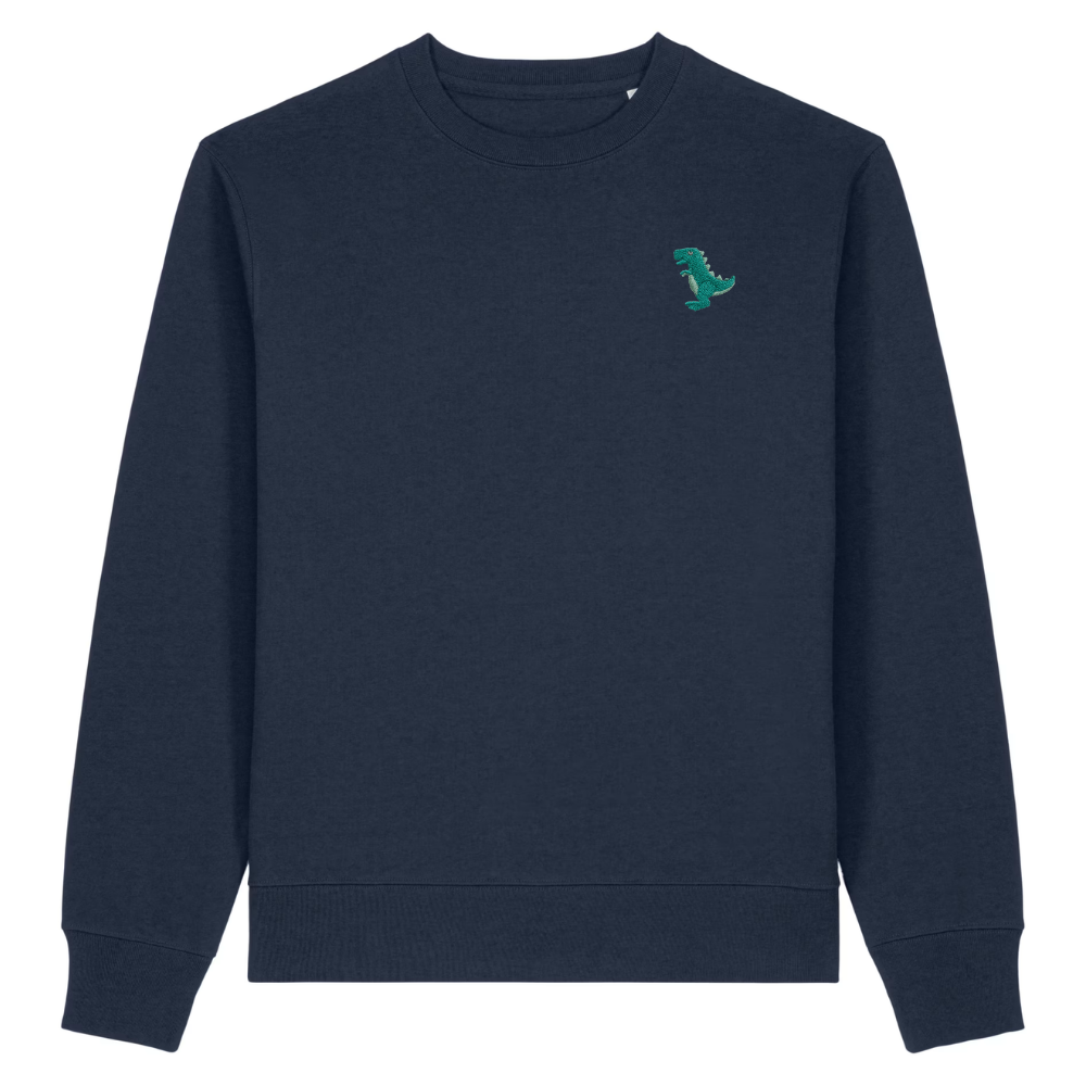 Heytoki Herren-Sweater in French Navy (Dunkelblau) mit gesticktem Dinosaurier-Motiv
