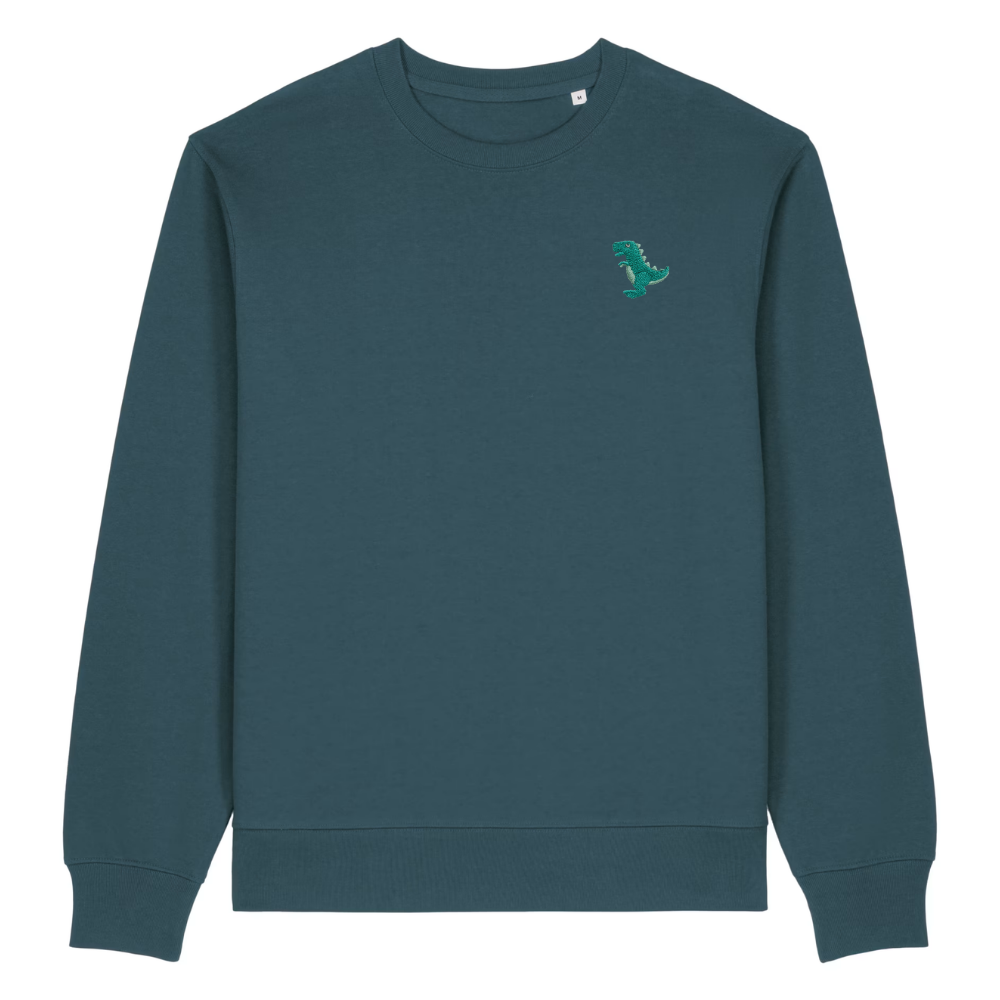 Heytoki Herren-Sweater in Stargazer (Petrolblau) mit gesticktem Dinosaurier-Motiv

