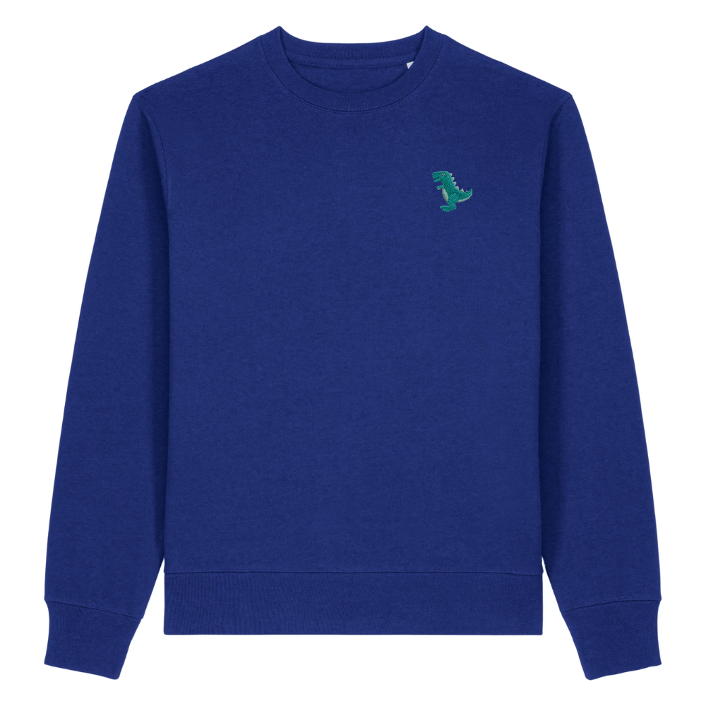 Heytoki Herren-Sweater in Worker Blue (Königsblau) mit gesticktem Dinosaurier-Motiv
