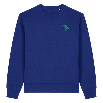 Heytoki Herren-Sweater in Worker Blue (Königsblau) mit gesticktem Dinosaurier-Motiv
