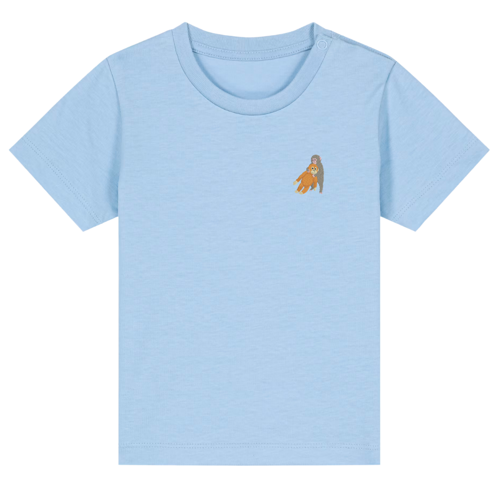 Heytoki Baby-T-Shirt aus Bio-Baumwolle in Blue Soul (Hellblau) mit gesticktem Affenmotiv