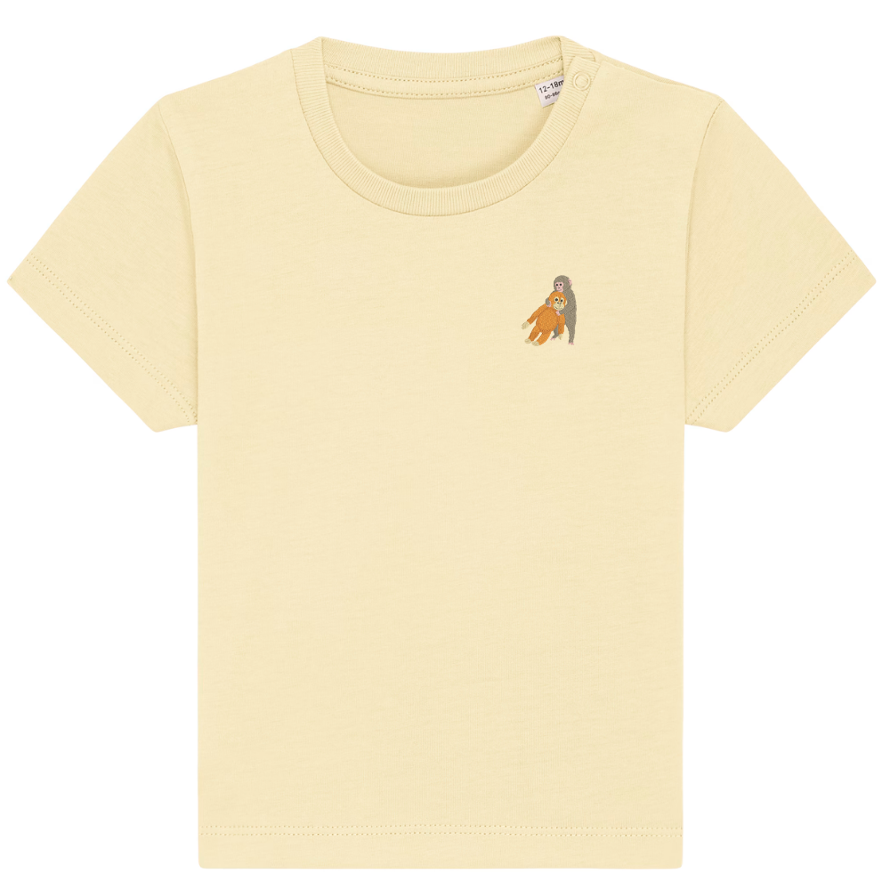 Heytoki Baby-T-Shirt aus Bio-Baumwolle in Butter mit gesticktem Affenmotiv
