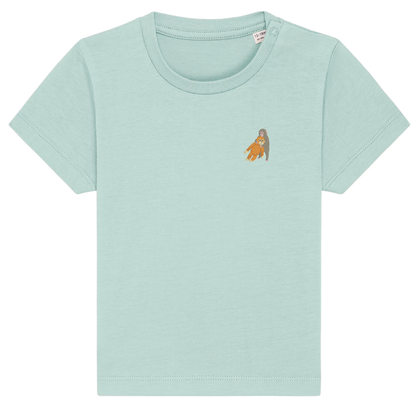 Heytoki Baby-T-Shirt aus Bio-Baumwolle in Caribbean Blue mit gesticktem Affenmotiv