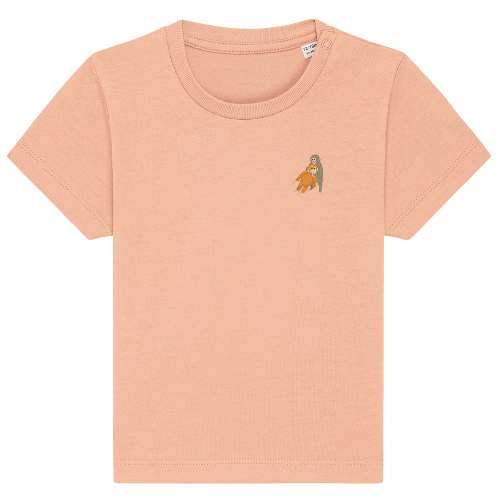 Heytoki Baby-T-Shirt aus Bio-Baumwolle in Fraiche Peche (Pfirsich) mit gesticktem Affenmotiv