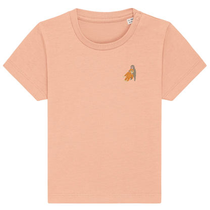 Heytoki Baby-T-Shirt aus Bio-Baumwolle in Fraiche Peche (Pfirsich) mit gesticktem Affenmotiv