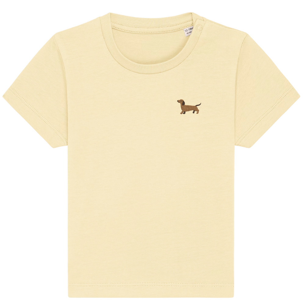 Heytoki Baby-T-Shirt aus Bio-Baumwolle in Butter mit gesticktem Dackelmotiv
