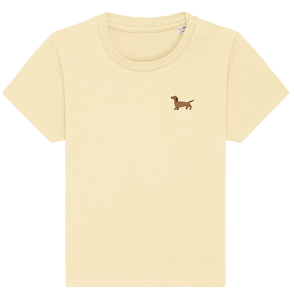 Heytoki Baby-T-Shirt aus Bio-Baumwolle in Butter mit gesticktem Dackelmotiv