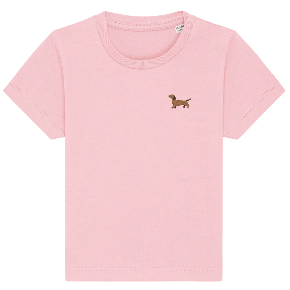 Heytoki Baby-T-Shirt aus Bio-Baumwolle in Cotton Pink (Rosa) mit gesticktem Dackelmotiv