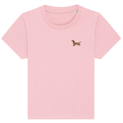 Heytoki Baby-T-Shirt aus Bio-Baumwolle in Cotton Pink (Rosa) mit gesticktem Dackelmotiv