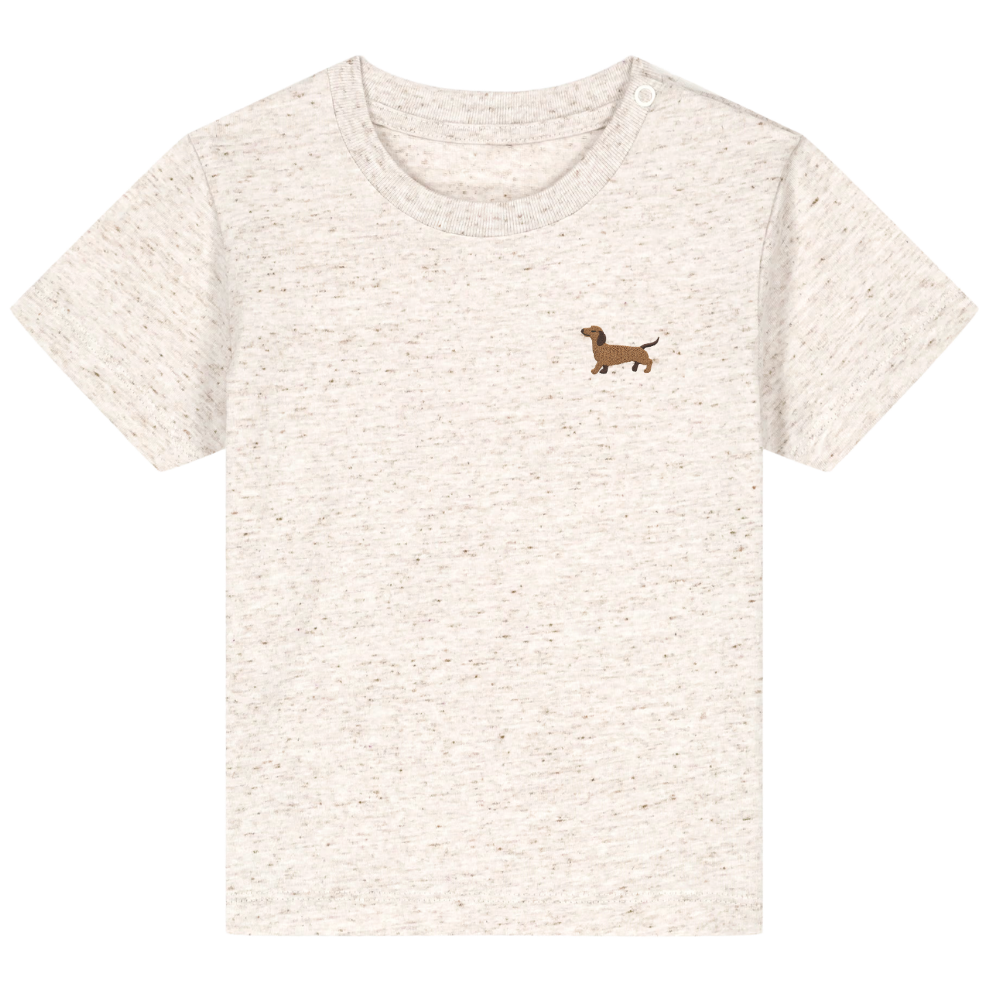 Heytoki Baby-T-Shirt aus Bio-Baumwolle in Eco-Heather mit gesticktem Dackelmotiv