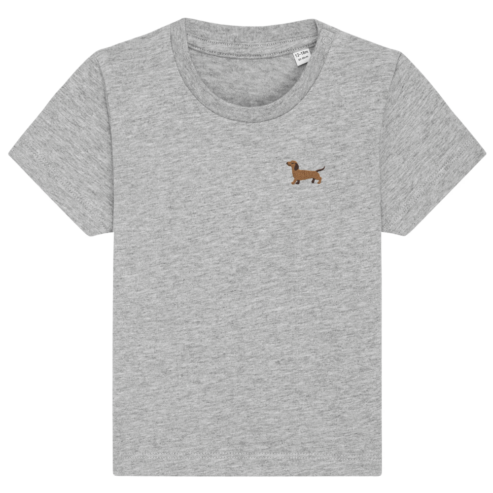 Heytoki Baby-T-Shirt aus Bio-Baumwolle in Heather Grey (Hellgrau) mit gesticktem Dackelmotiv