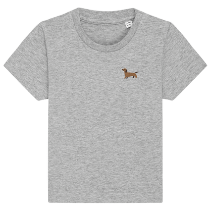 Heytoki Baby-T-Shirt aus Bio-Baumwolle in Heather Grey (Hellgrau) mit gesticktem Dackelmotiv