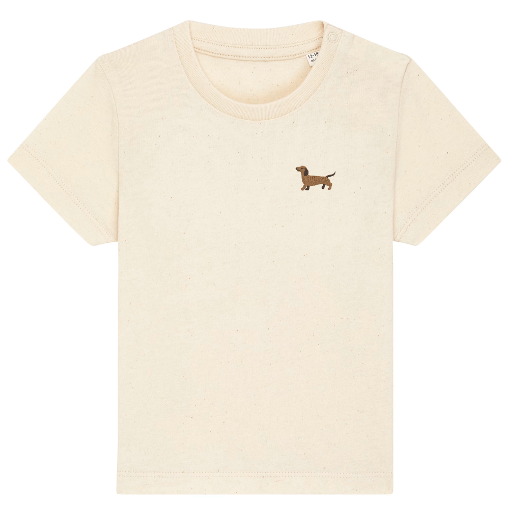 Heytoki Baby-T-Shirt aus Bio-Baumwolle in Natural Raw (Naturweiß) mit gesticktem Dackelmotiv