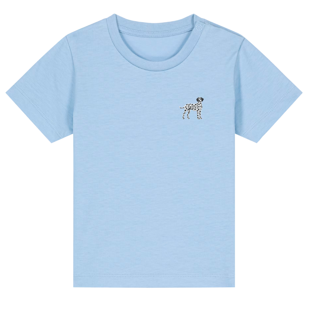 Heytoki Baby-T-Shirt aus Bio-Baumwolle in Blue Soul (Hellblau) mit gesticktem Dalmatinermotiv