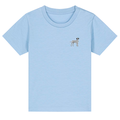 Heytoki Baby-T-Shirt aus Bio-Baumwolle in Blue Soul (Hellblau) mit gesticktem Dalmatinermotiv