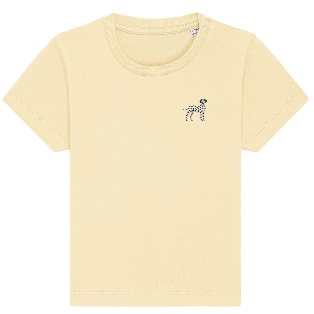 Heytoki Baby-T-Shirt aus Bio-Baumwolle in Butter mit gesticktem Dalmatinermotiv