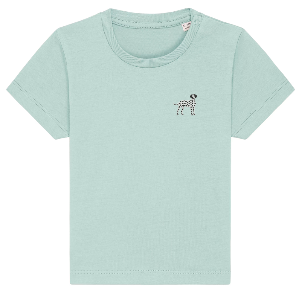 Heytoki Baby-T-Shirt aus Bio-Baumwolle in Caribbean Blue mit gesticktem Dalmatinermotiv