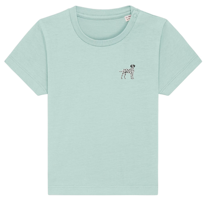 Heytoki Baby-T-Shirt aus Bio-Baumwolle in Caribbean Blue mit gesticktem Dalmatinermotiv