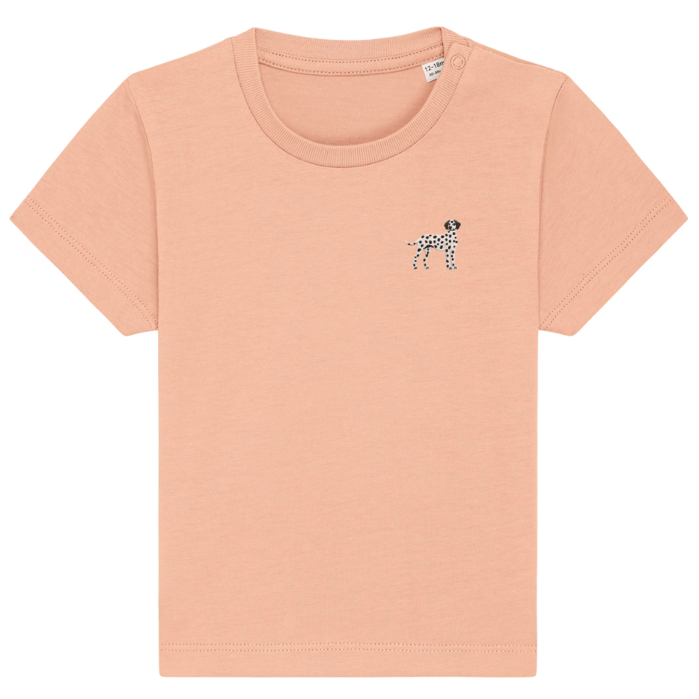 Heytoki Baby-T-Shirt aus Bio-Baumwolle in Fraiche Peche (Pfirsich) mit gesticktem Dalmatinermotiv