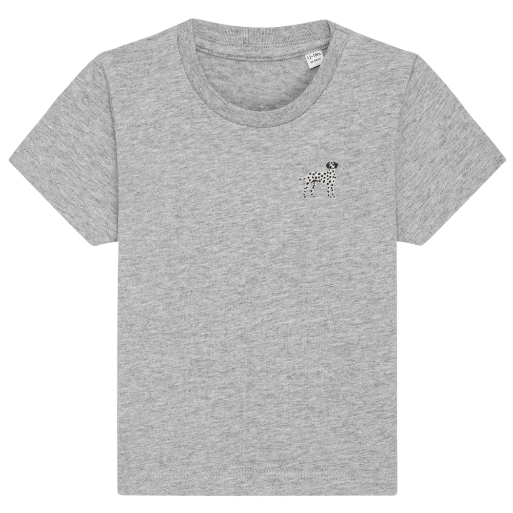 Heytoki Baby-T-Shirt aus Bio-Baumwolle in Heather Grey (Hellgrau) mit gesticktem Dalmatinermotiv