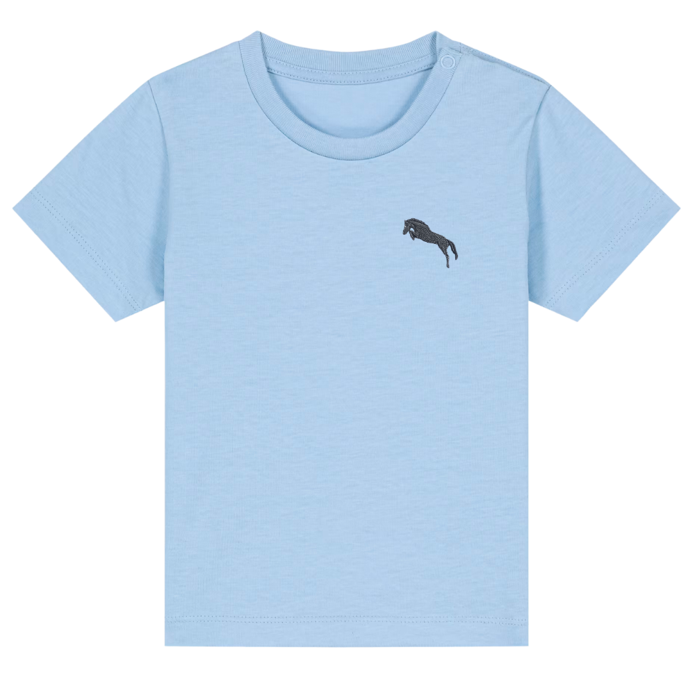 Heytoki Baby-T-Shirt aus Bio-Baumwolle in Blue Soul (Hellblau) mit gesticktem Pferdemotiv