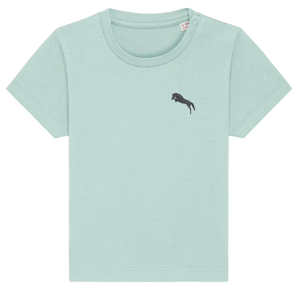 Heytoki Baby-T-Shirt aus Bio-Baumwolle in Caribbean Blue mit gesticktem Pferdemotiv