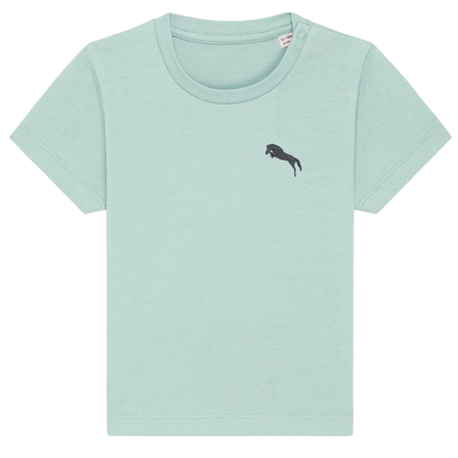 Heytoki Baby-T-Shirt aus Bio-Baumwolle in Caribbean Blue mit gesticktem Pferdemotiv